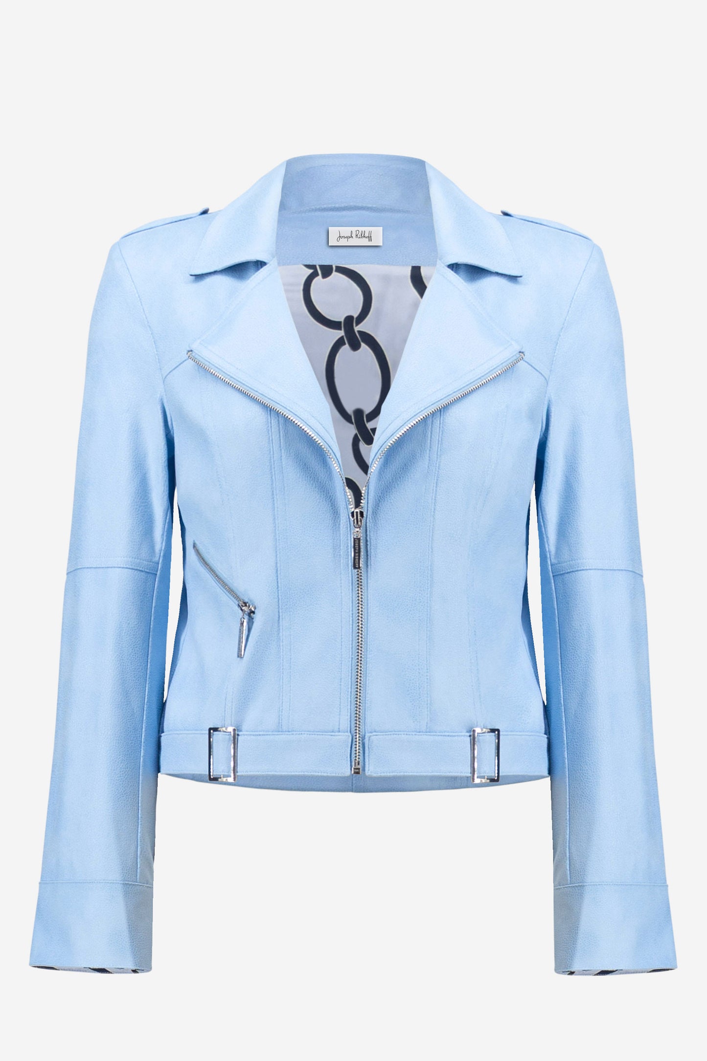 Joseph Ribkoff Foiled Faux Suede Fitted Jacket with Decorative Buckles Sky Blue 261910-4373