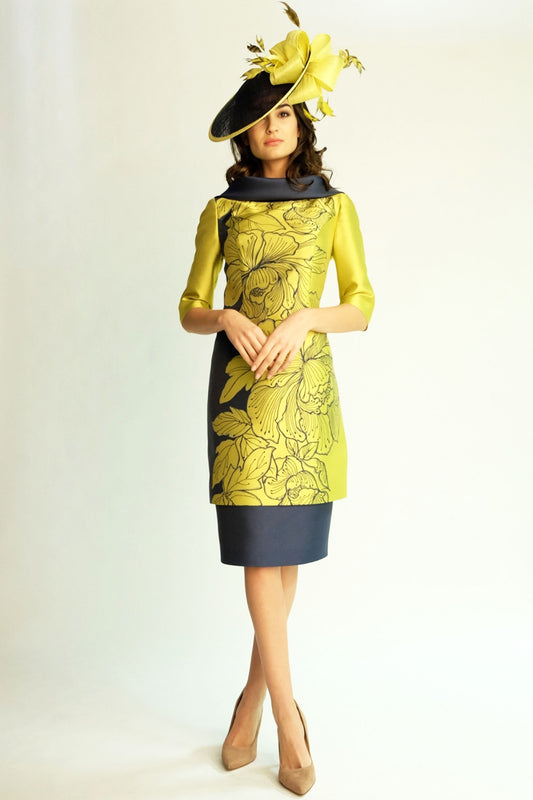 Gabriela Sanchez Boat Neckline Floral Print Dress Yellow/Navy 6468