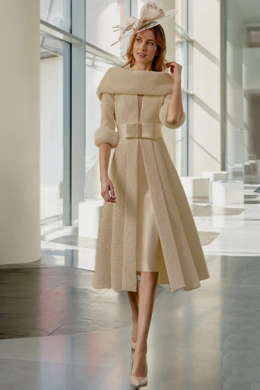 Gabriela Sanchez Embroidered Faux Fur Trim Dress Beige 7329