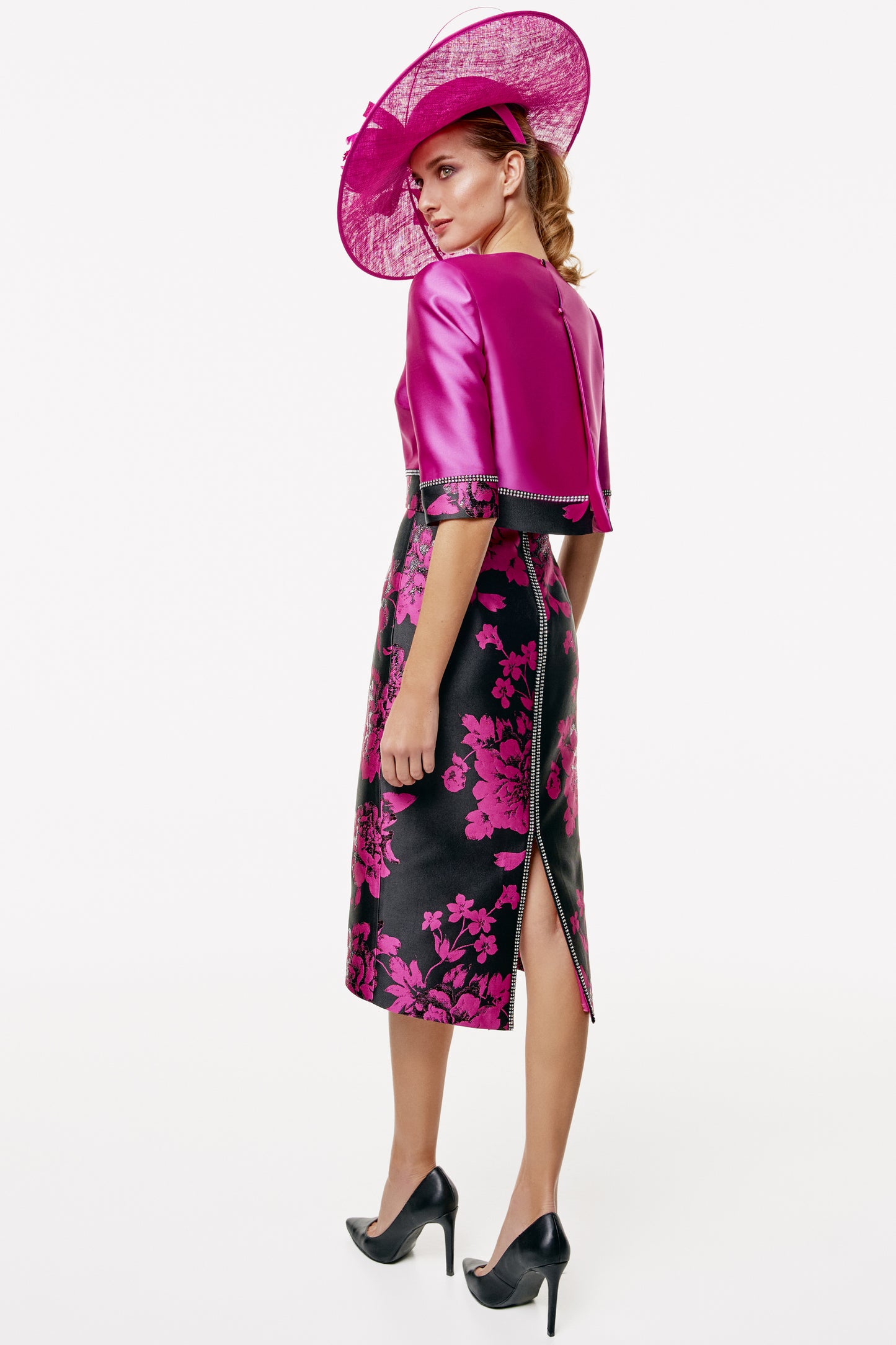 Gabriela Sanchez Floral Print Reverse Jacket & Dress - Fuchsia/Black - 7463