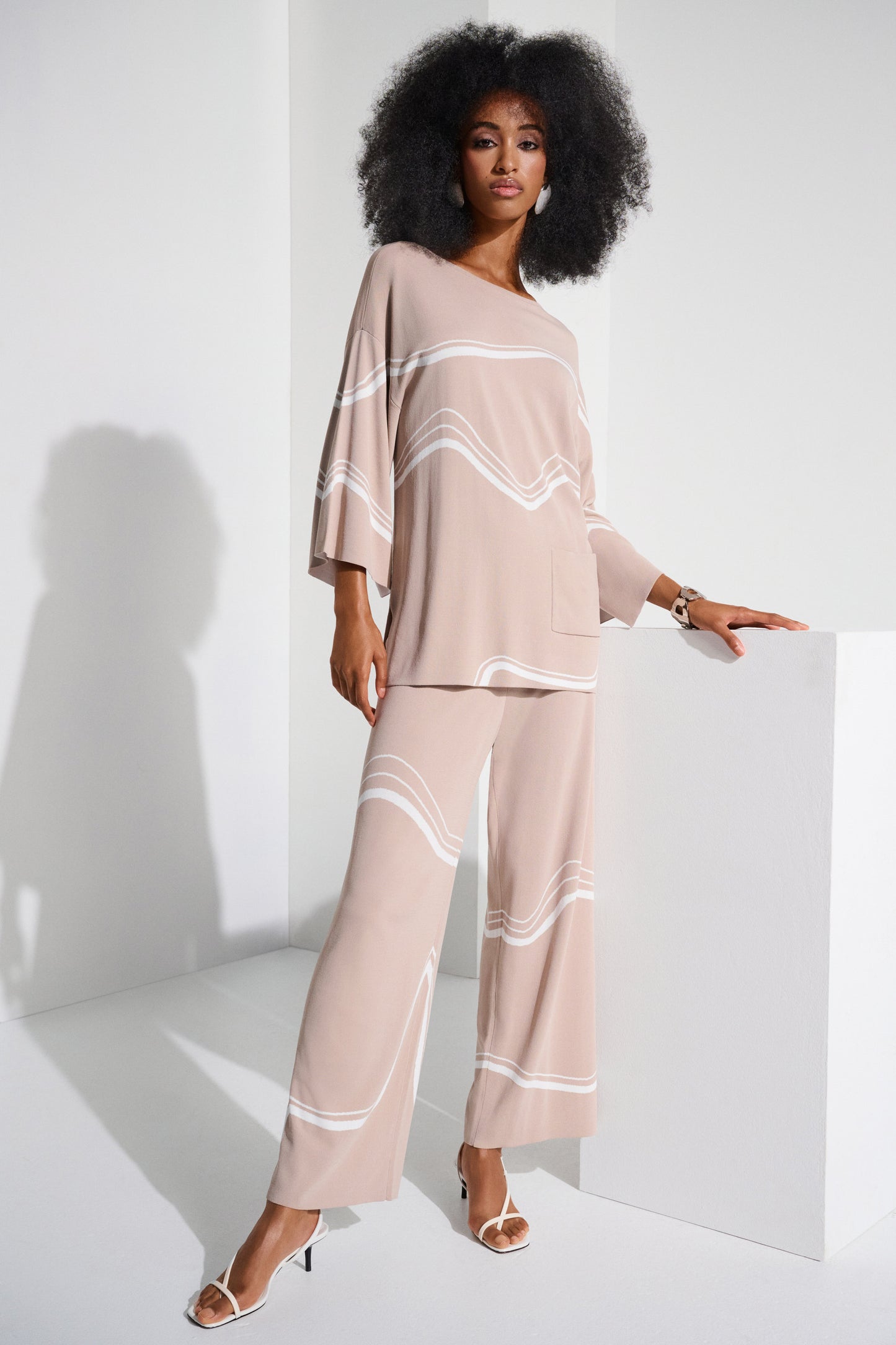 Joseph Ribkoff Abstract Jacquard Knit Sweater & Culottes Two Piece Set Dune/Ecru 252931/252932-4416