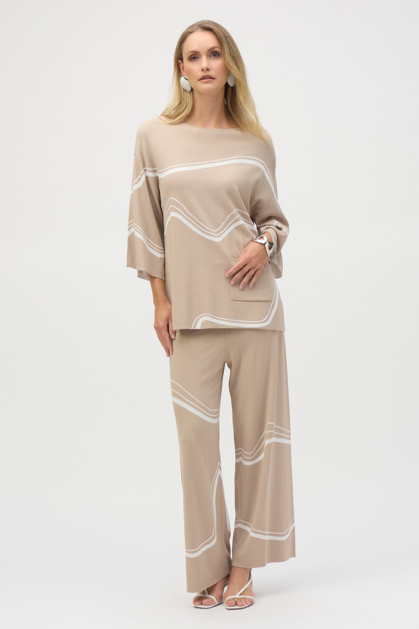 Joseph Ribkoff Abstract Jacquard Knit Sweater & Culottes Two Piece Set Dune/Ecru 252931/252932-4416