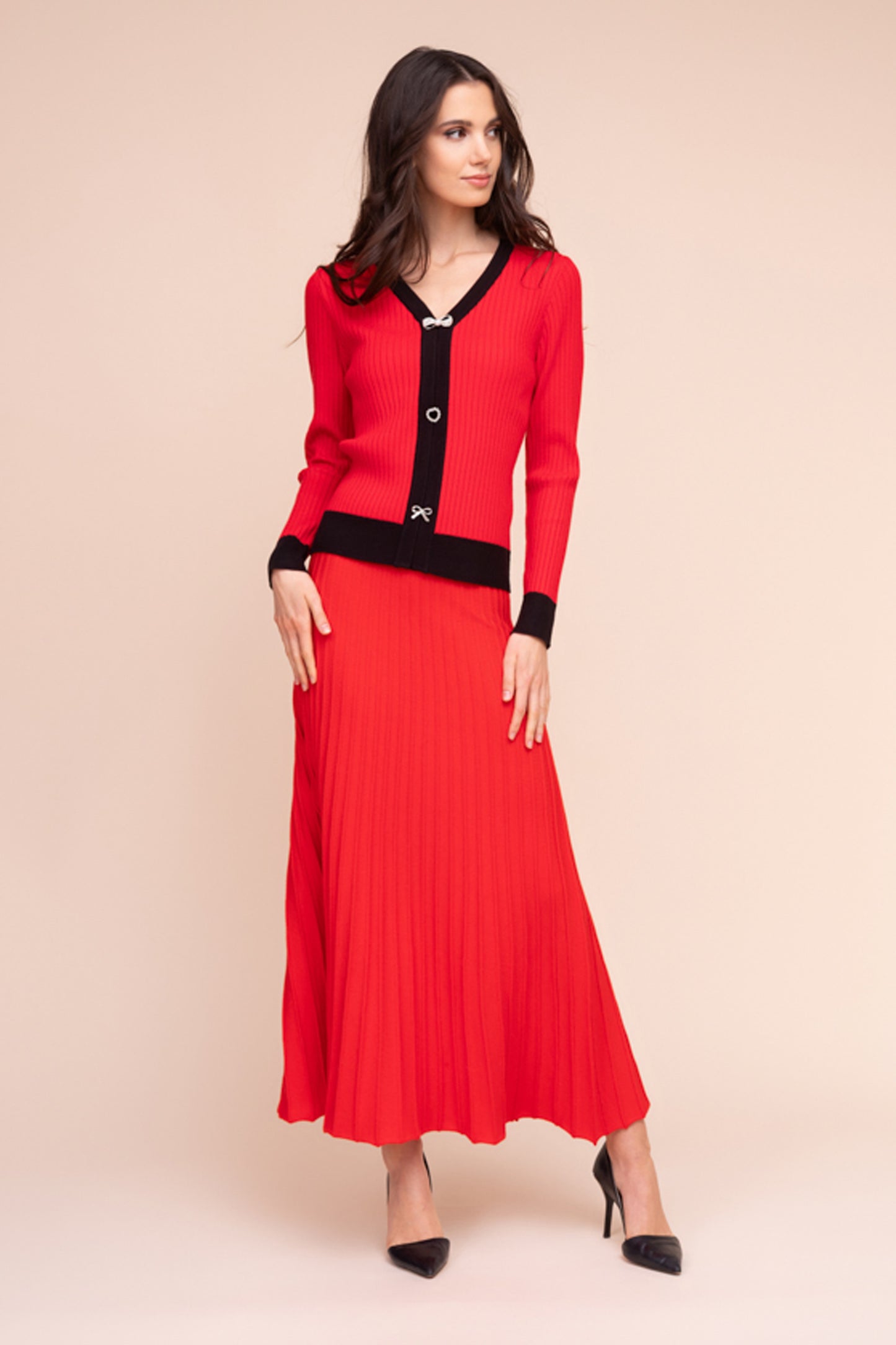 Alison Sheri V-Neck Buttoned Sweater Red A48065