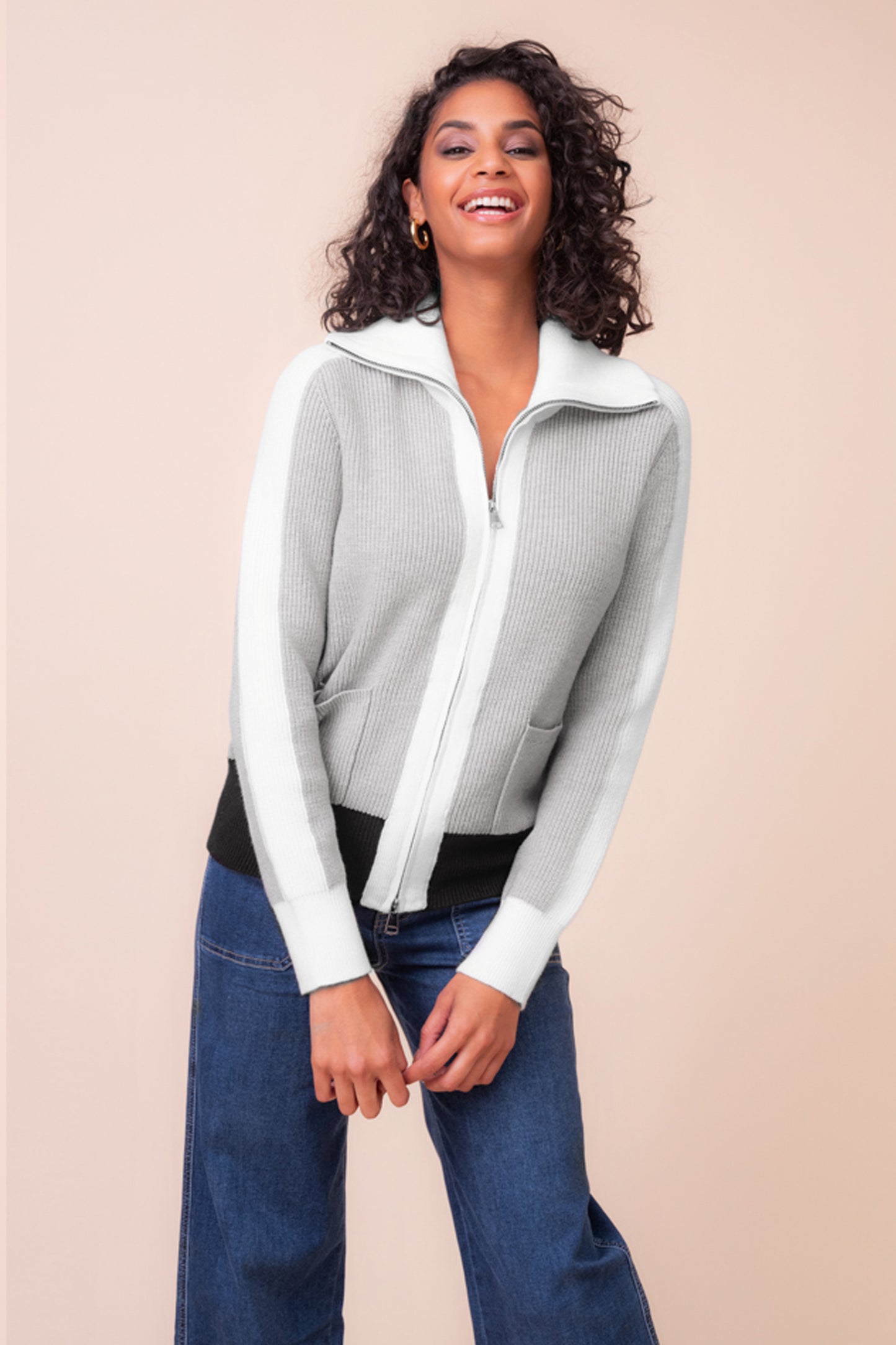 Alison Sheri Knitted Zip Up Black/Grey/White A48225