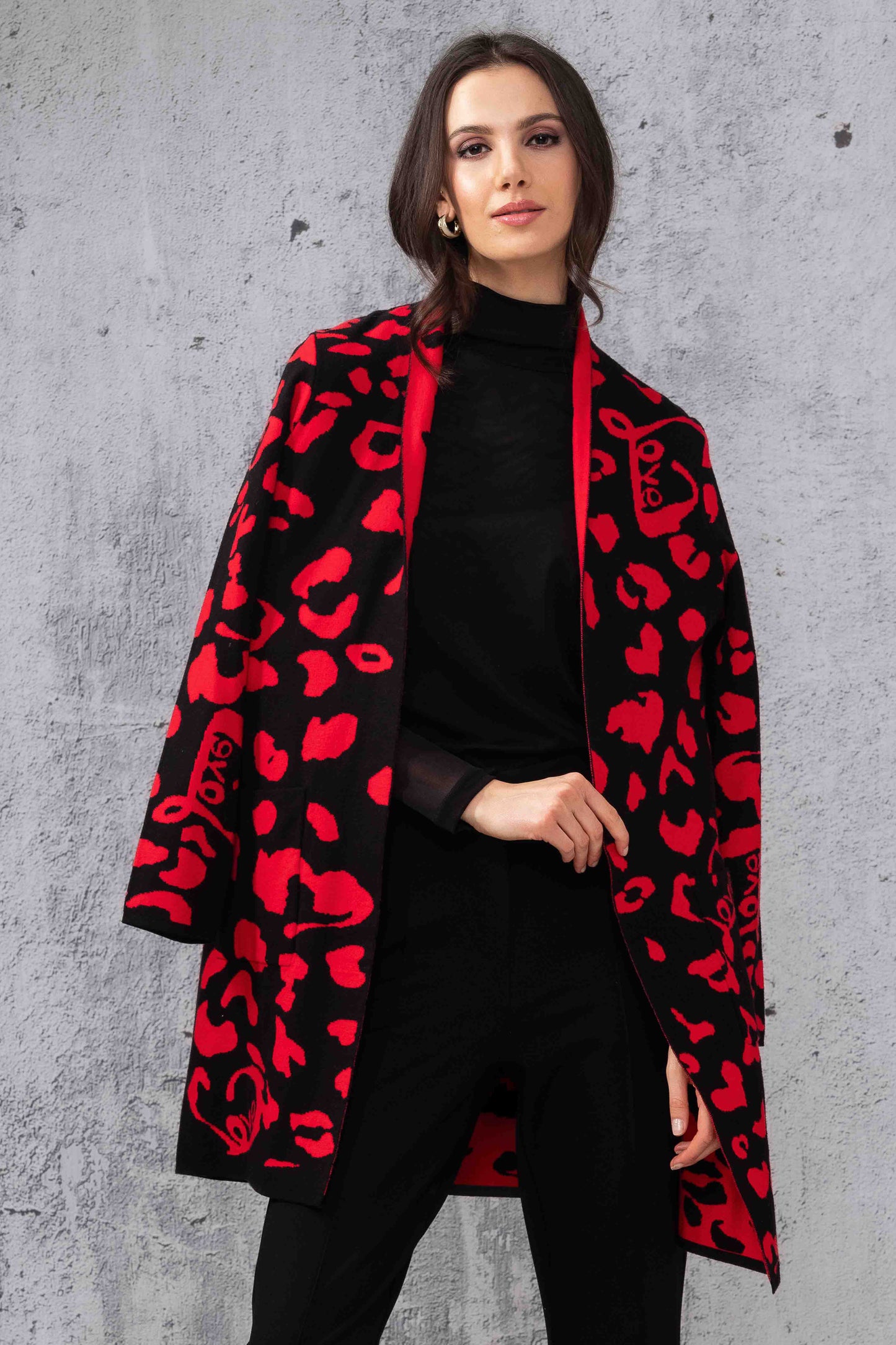Alison Sheri Graphic Heart Design Cardigan Red/Black A44188