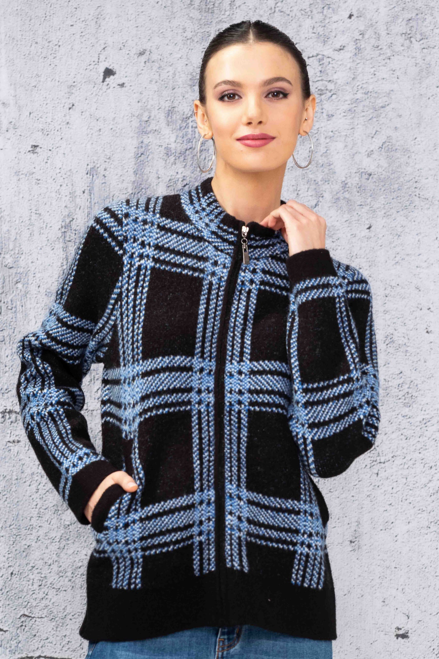 Alison Sheri Large Checked Zip Up Top Black/Blue A44486