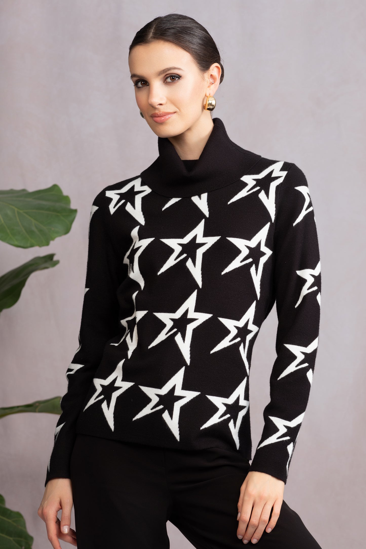 Alison Sheri Star Print Roll Neck Sweater - Black/Off White - A46355