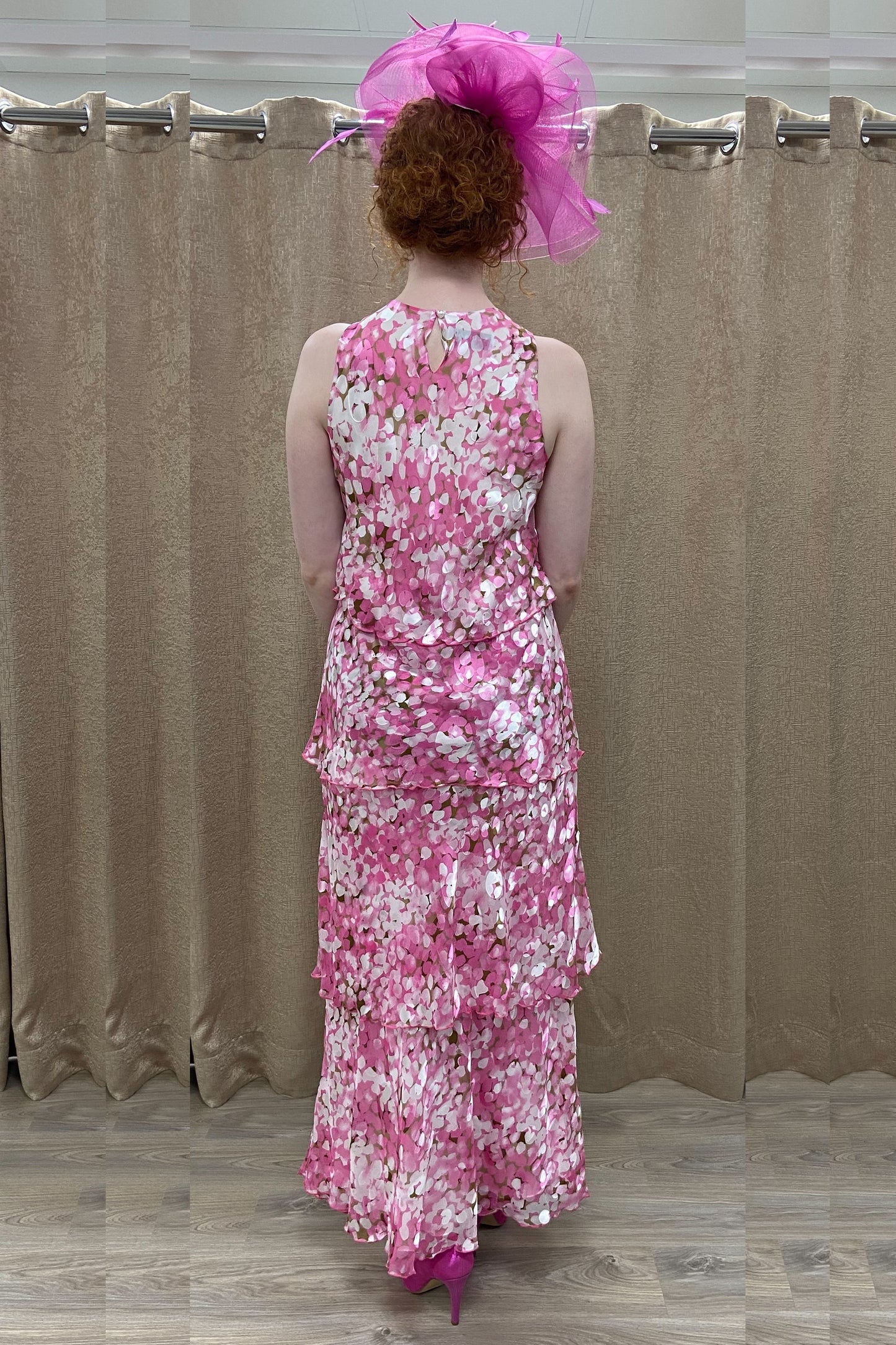 Allison Circle Print Layered Silk Dress White Pink 61157