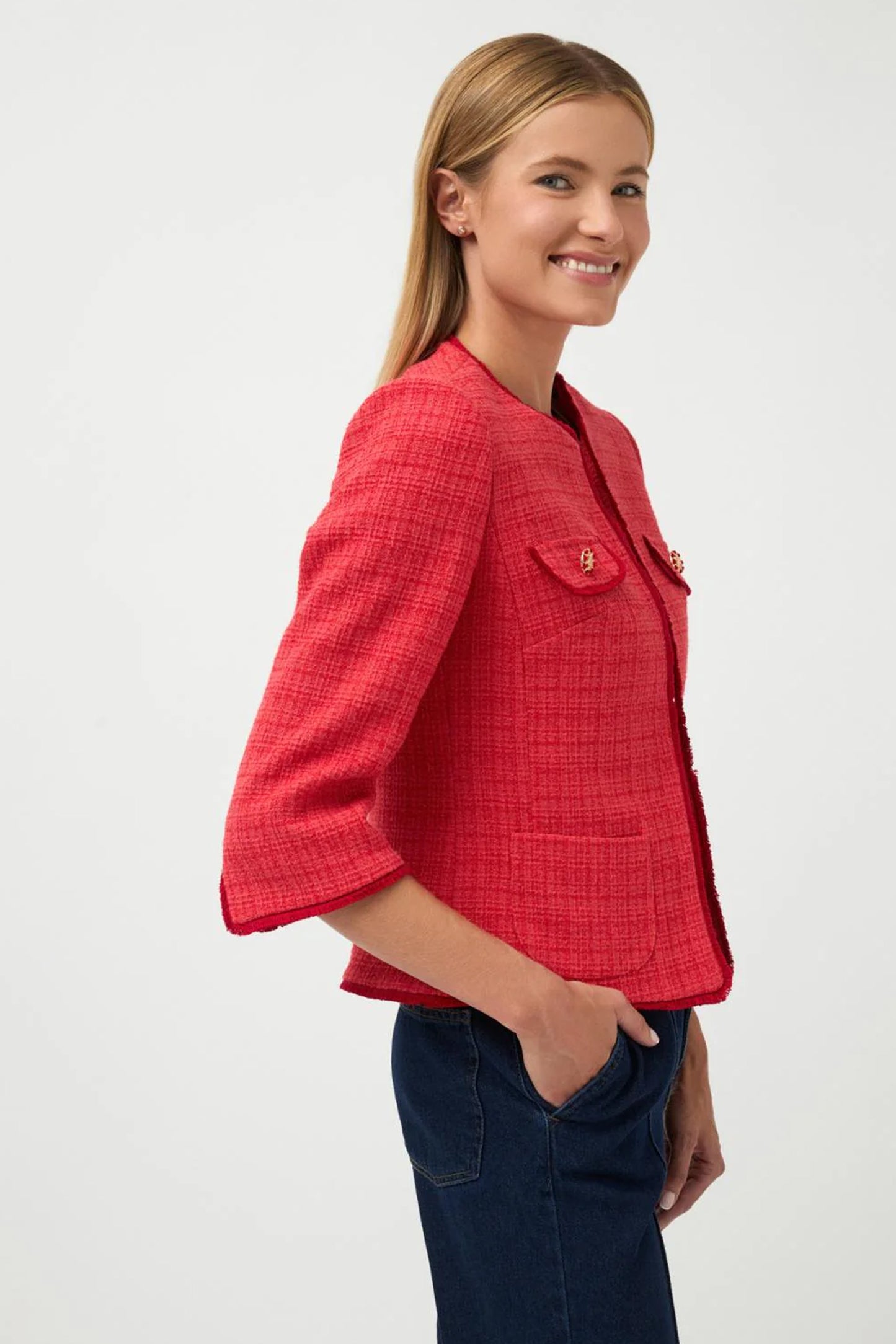 Bariloche Fringe Edging Tweed Brillo Blazer Red Brillo