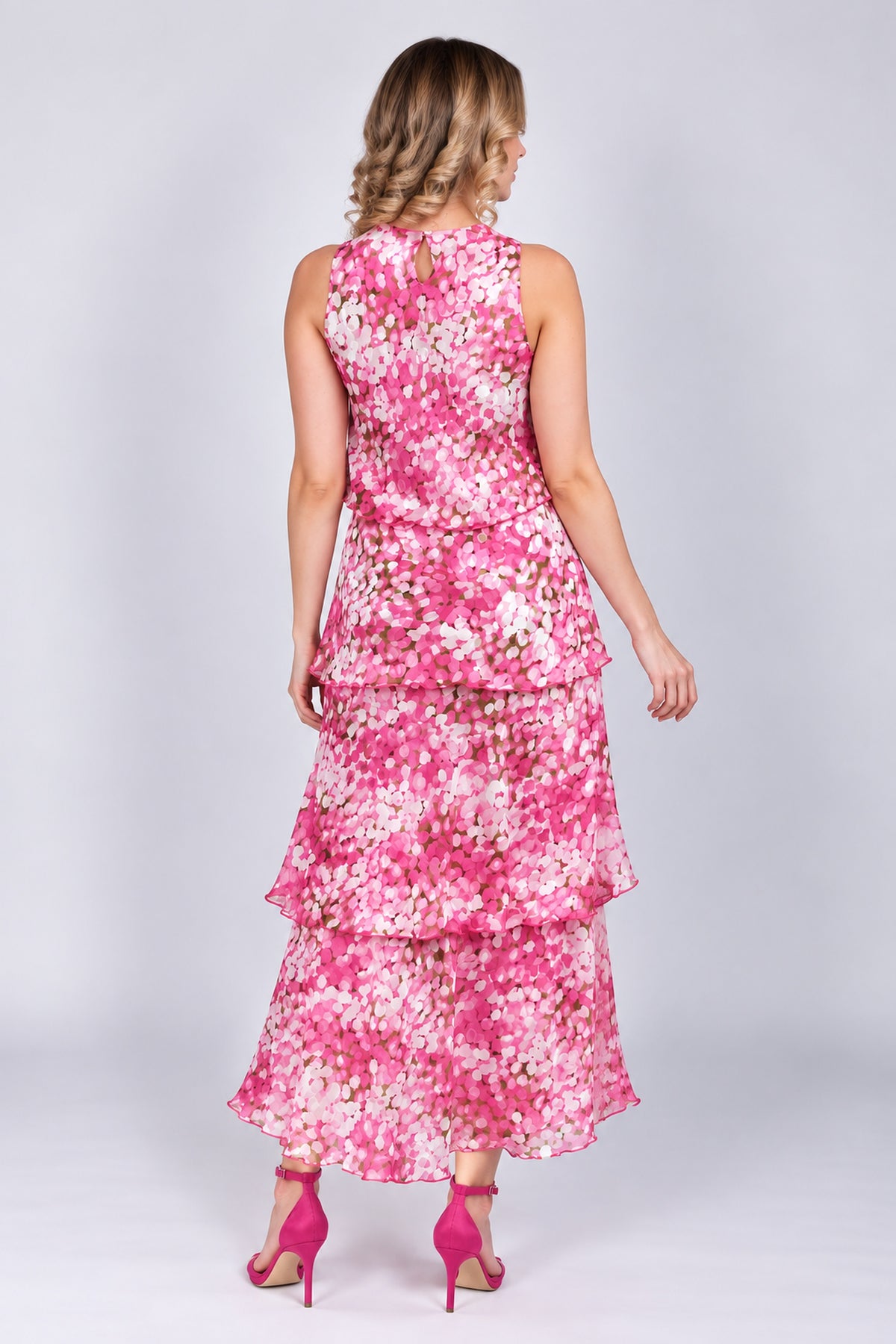 Allison Circle Print Layered Silk Dress White Pink 61157