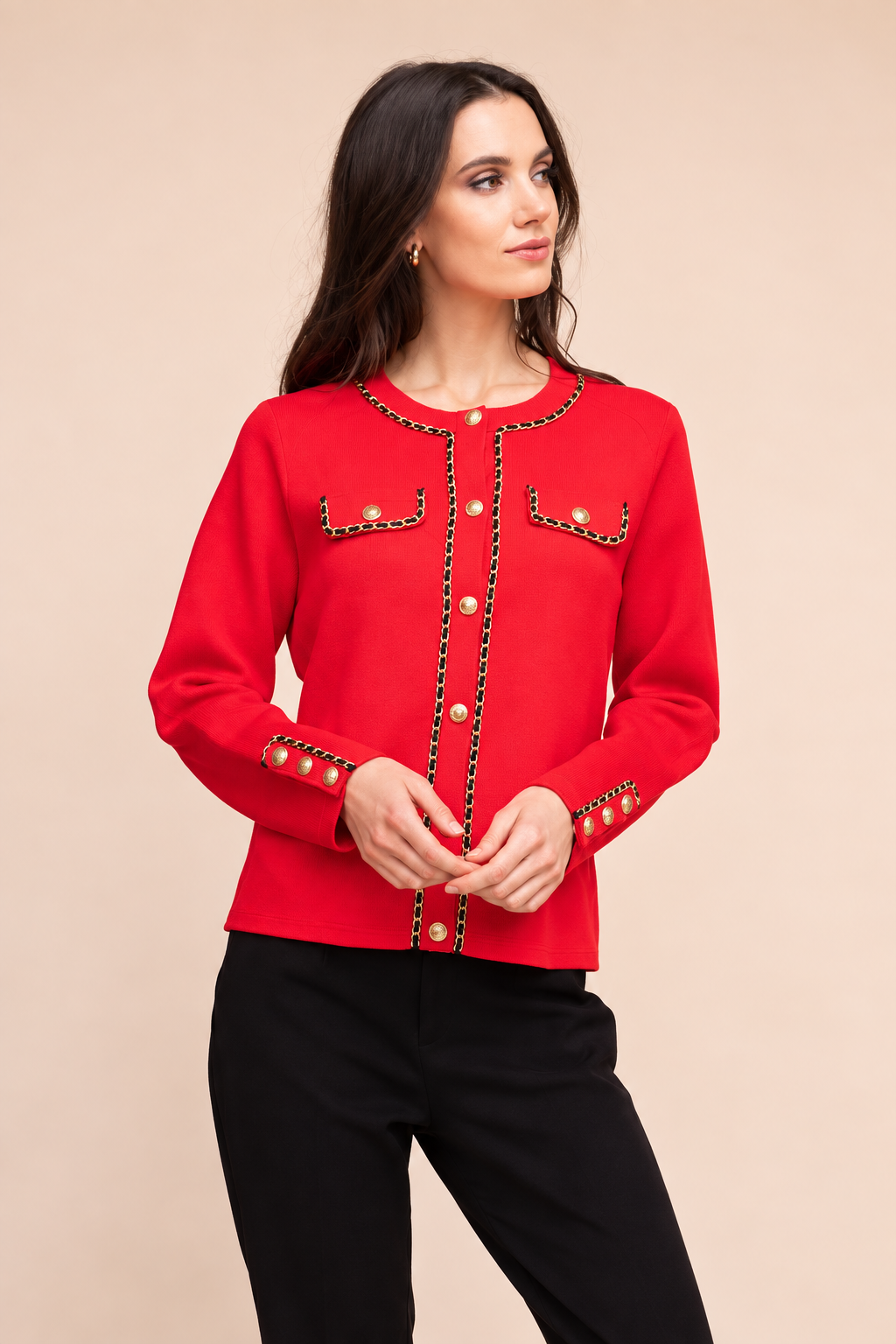 Alison Sheri Faux Leather Trim & Chain Cardigan Red A48035