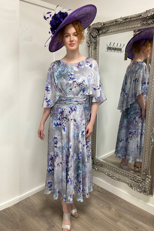 Couture Club Satin Print Mid Calf Dress - Purple Print - 7G125RASEC51044