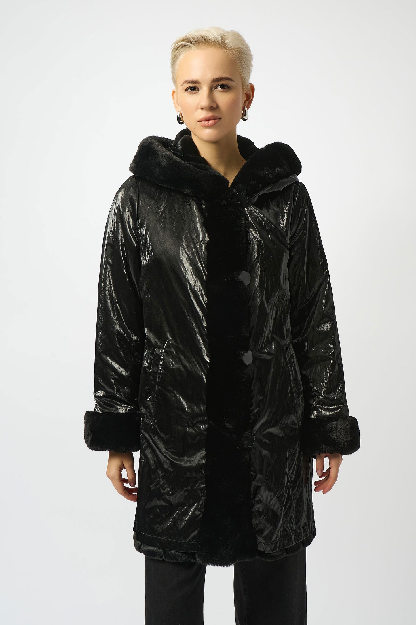 Joseph Ribkoff Faux Fur Reversible Hooded Coat Black 253926-11