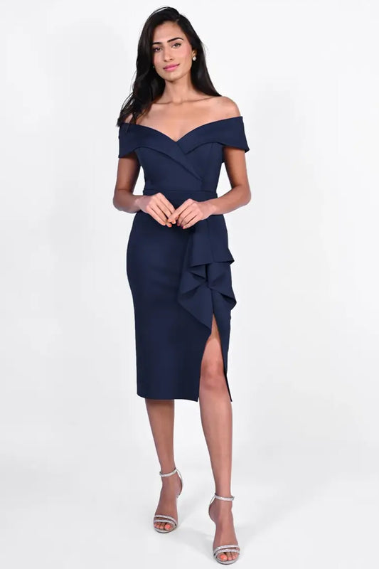 Frank Lyman Off The Shoulder Ruffle Detail Dress Navy 229163
