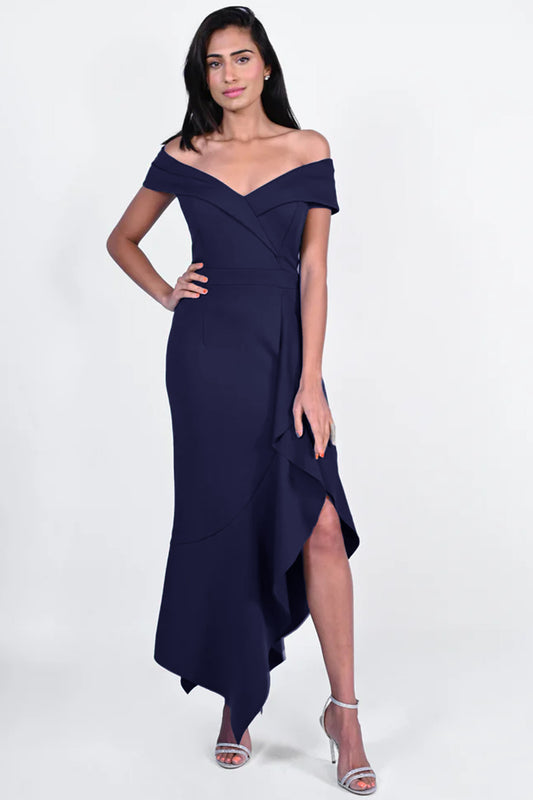 Frank Lyman Bardot Tiered Frill Detail Dress Navy 229321