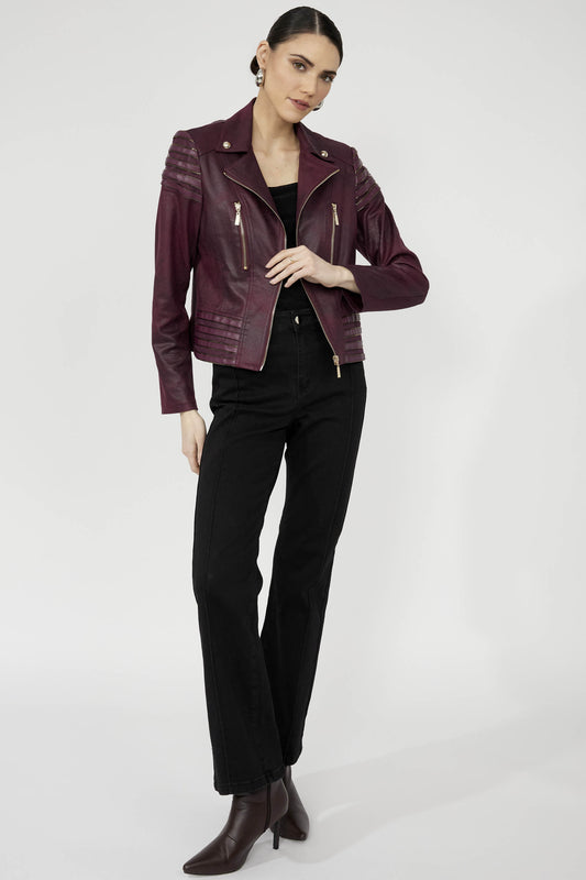 Frank Lyman Leather Stripe Detail Biker Jacket Plum 253817-319