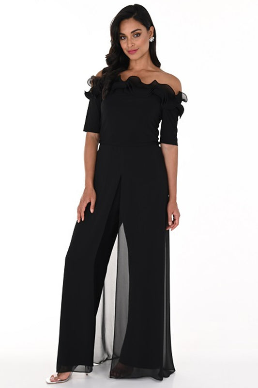 Frank Lyman Ruffle Detail Chiffon Overlay Jumpsuit Black 248222U
