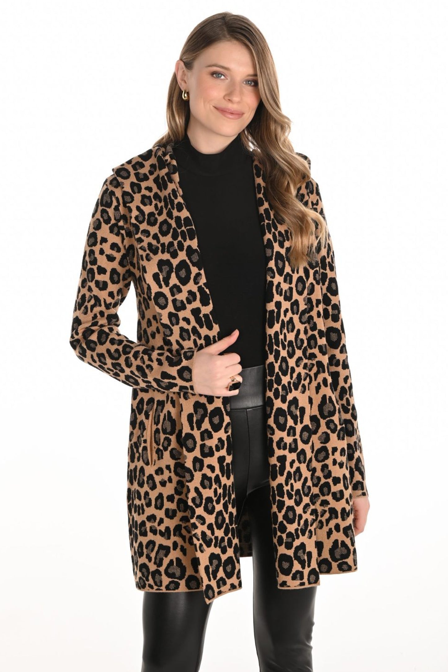 Frank Lyman Leopard Print Hooded Knit Cardigan Camel/Black 253812-9001