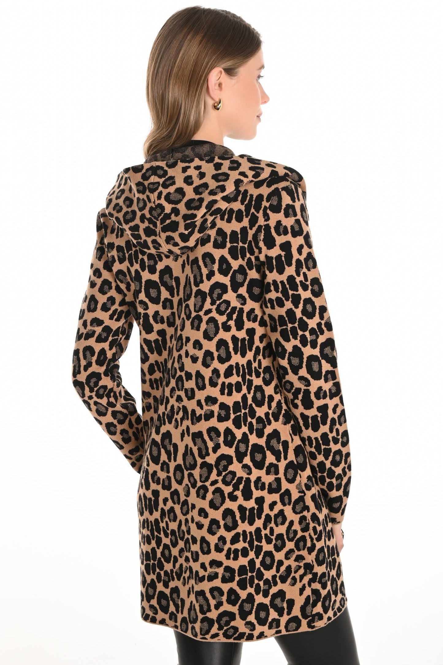 Frank Lyman Leopard Print Hooded Knit Cardigan Camel/Black 253812-9001