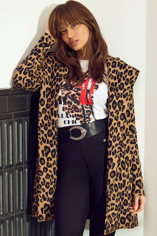 Frank Lyman Leopard Print Hooded Knit Cardigan Camel/Black 253812-9001