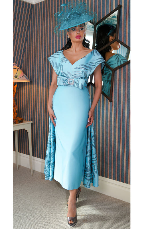 Gabriela Sanchez Shawl Collar Cape Detail Dress - Unico(Aqua) - 5574