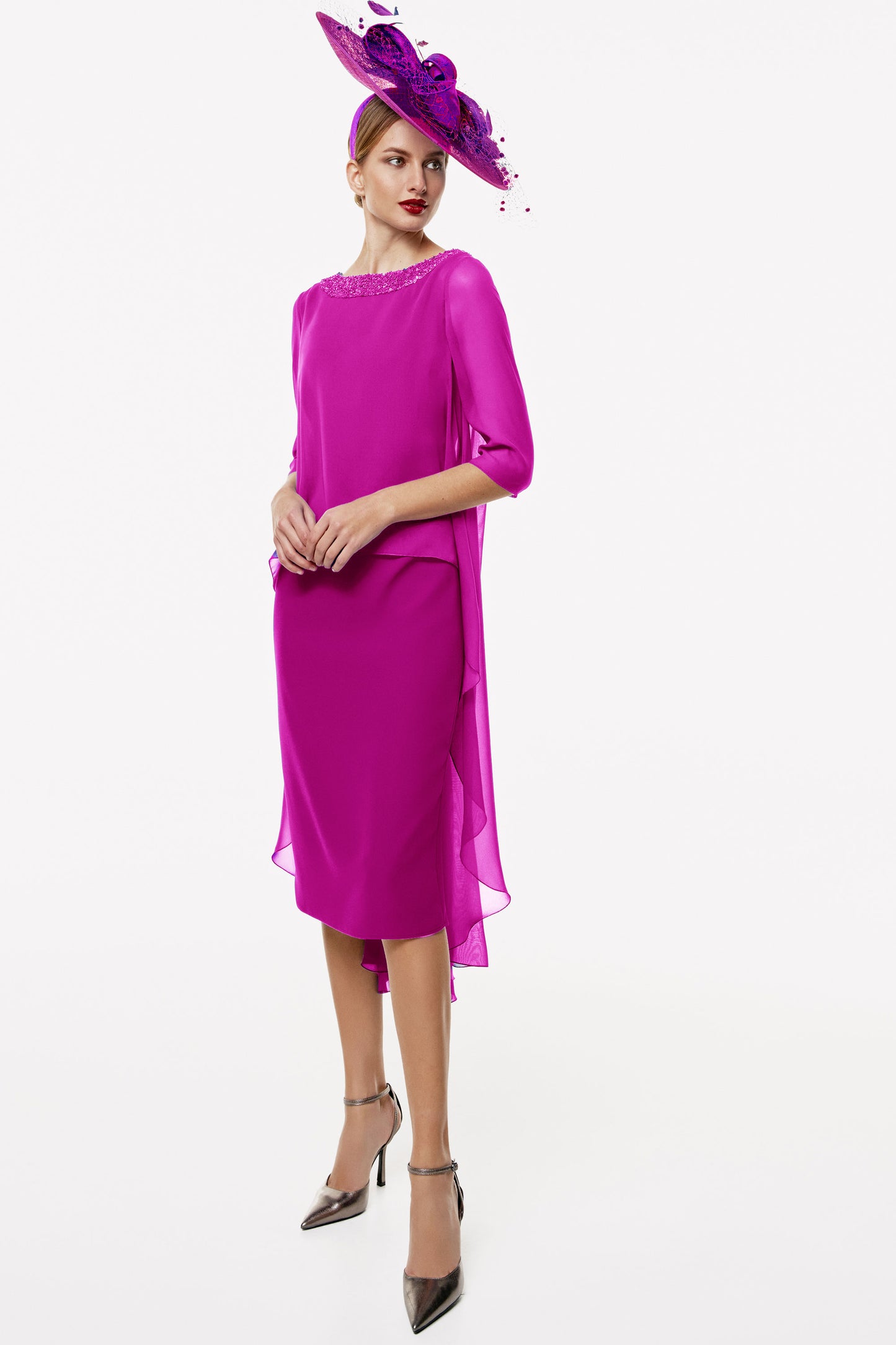Gabriela Sanchez Draped Chiffon Cape Dress - Fuchsia - 7438