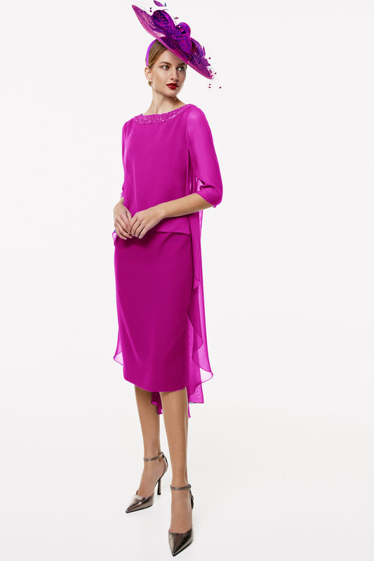 Gabriela Sanchez Draped Chiffon Cape Dress - Fuchsia - 7438