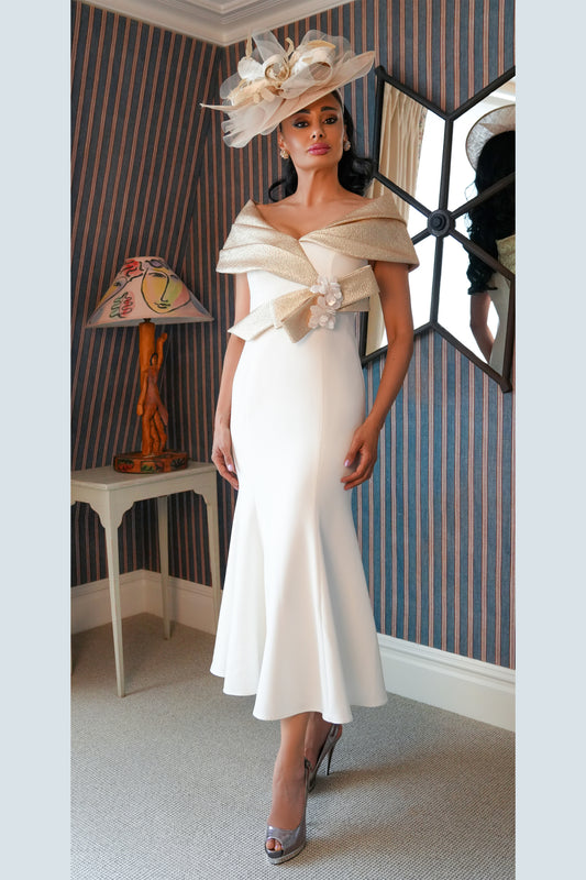 Gabriela Sanchez Pleated Fishtail Dress with Bow Detail Cream/Gold 5564