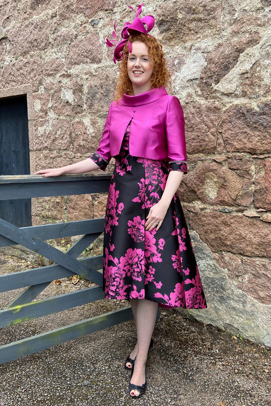 Gabriela Sanchez Floral Print A Line Reverse Jacket & Dress - Fuchsia/Black - 7466