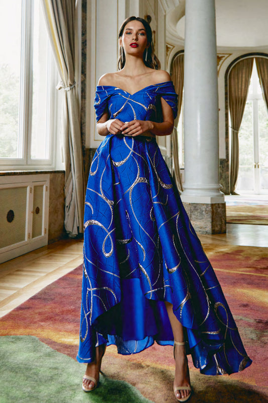 Gabriela Sanchez Metallic Embossed Dipped Hem Dress - Cobalt - 7764