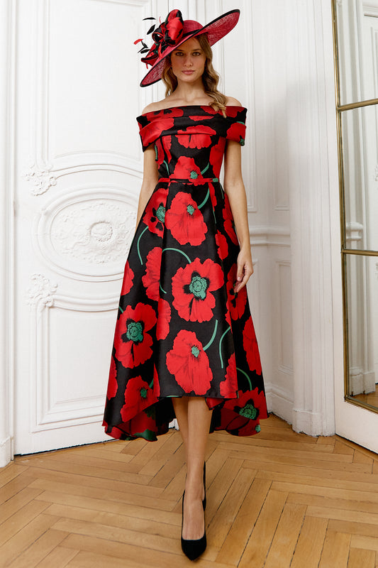 Gabriela Sanchez Poppy Print Dipped Hem Dress - Black/Red - 7667