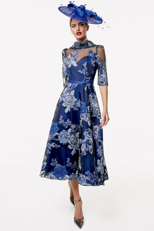 Gabriela Sanchez Jacquard Floral Print Dress - Multi Blue - 7444