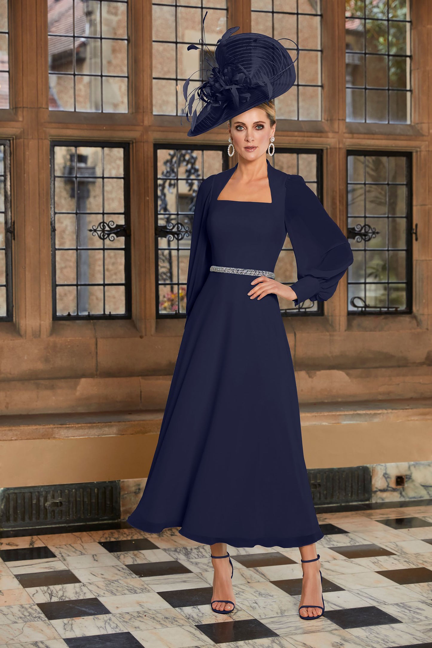 Invitations by Veni Puff Sleeve Beaded Belt Dress Navy 29708