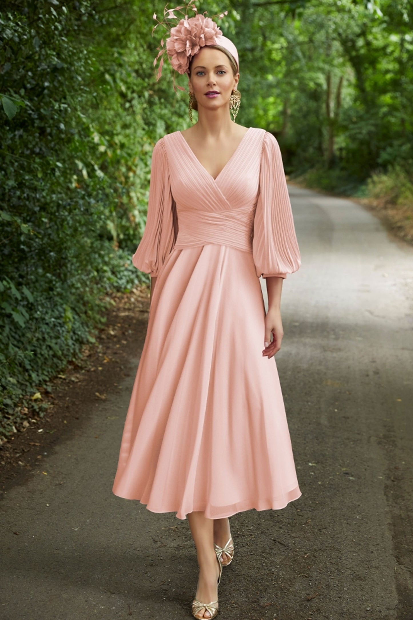 Invitations by Veni Pleated Detail Chiffon Dress Vintage Rose 29879B