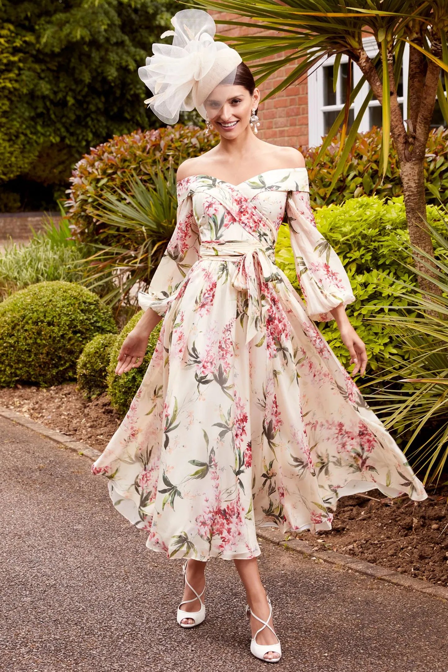 Invitations by Veni Floral Off The Shoulder Print Dress Champagne/Red 29826