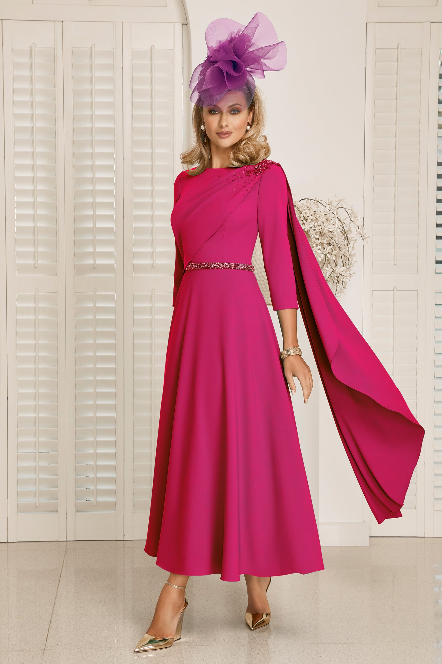 Invitations by Veni Drape Sleeve Detail Dress Magenta 29880B