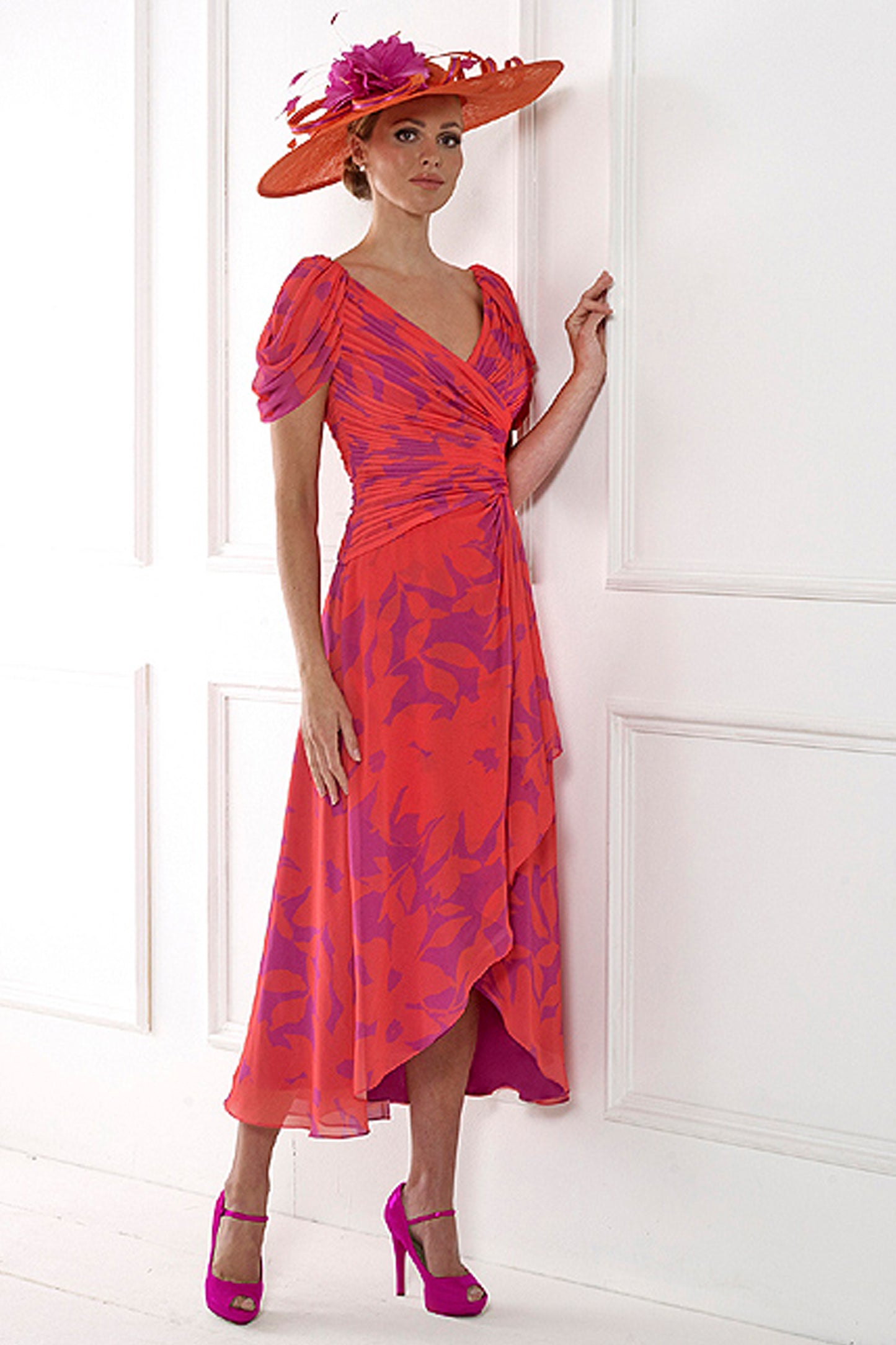 Irresistible Bold Print Pleated Chiffon Dress Berry/Orange IR7430S