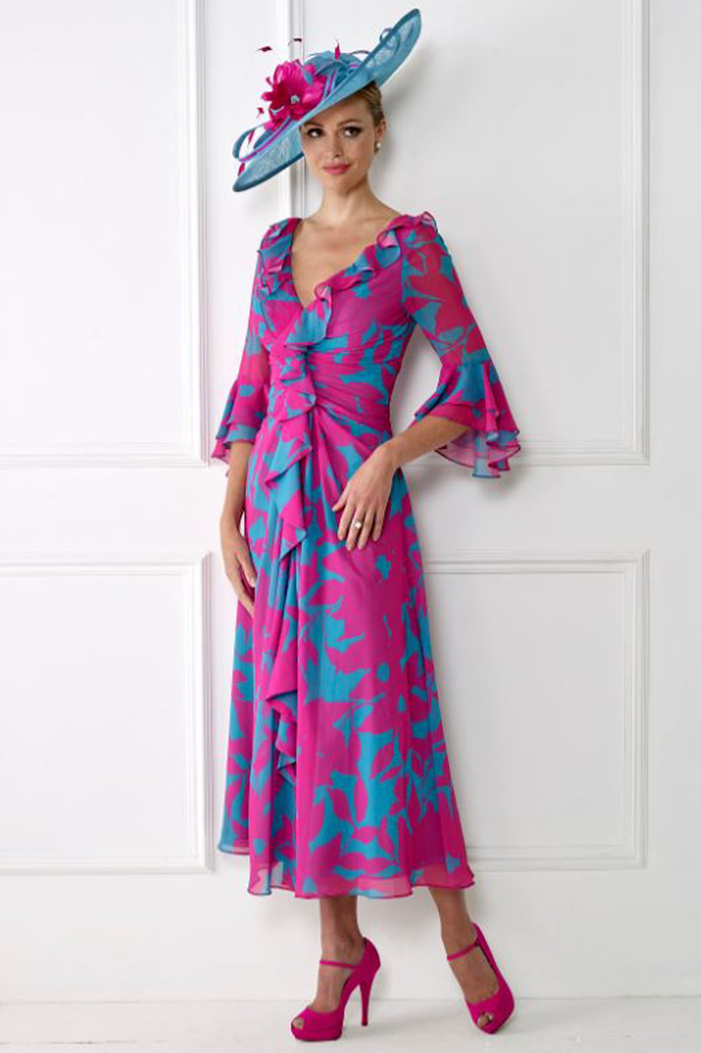 Irresistible Bold Print Ruffle Detail Chiffon Dress Aqua/Fuchsia IR7429S