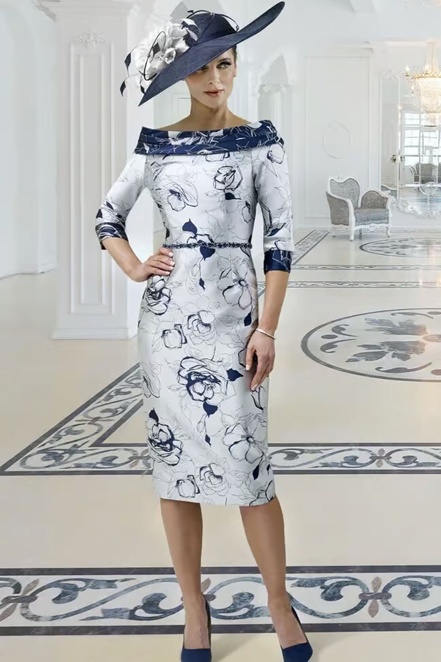 Irresistible Floral Print Straight Dress Silver/Navy IR7153K