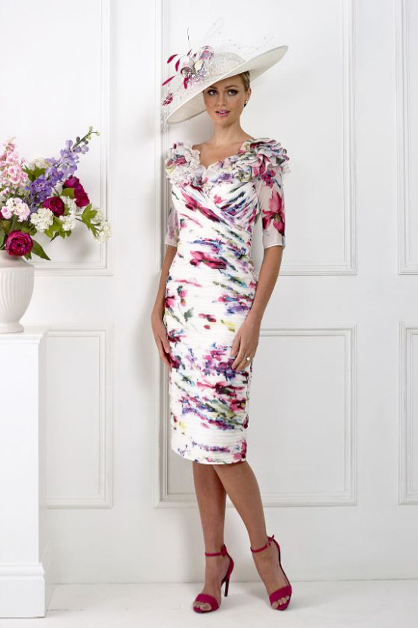 Irresistible Summer Floral Ruffle Neckline Dress Pink/Violet IRIS880
