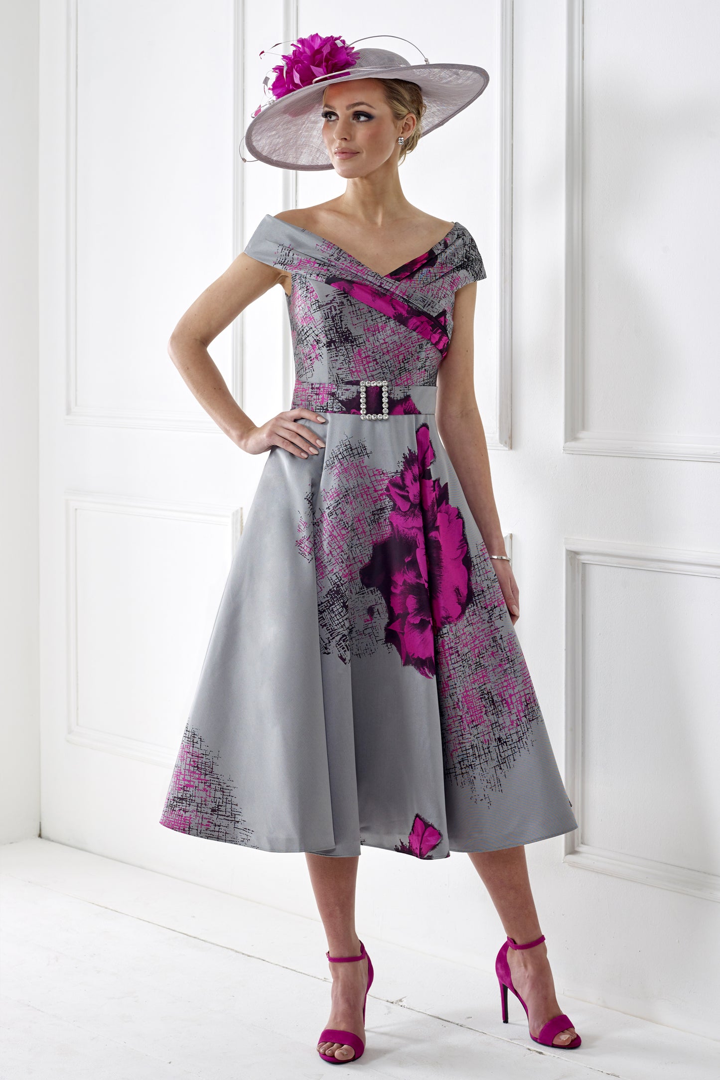 Irresistible Off The Shoulder Floral Detail Dress Silver/Fuchsia IR7308K