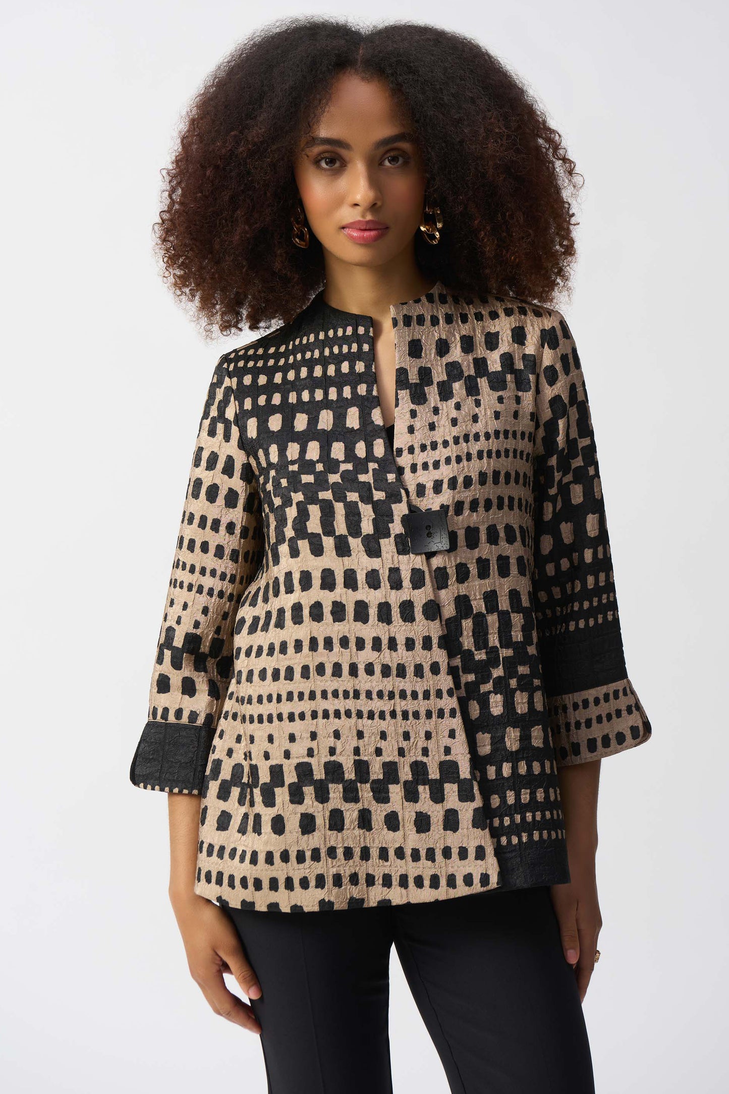 Joseph Ribkoff Jacquard Geometric Print Trapeze Jacket Black/Dune 251178-4220