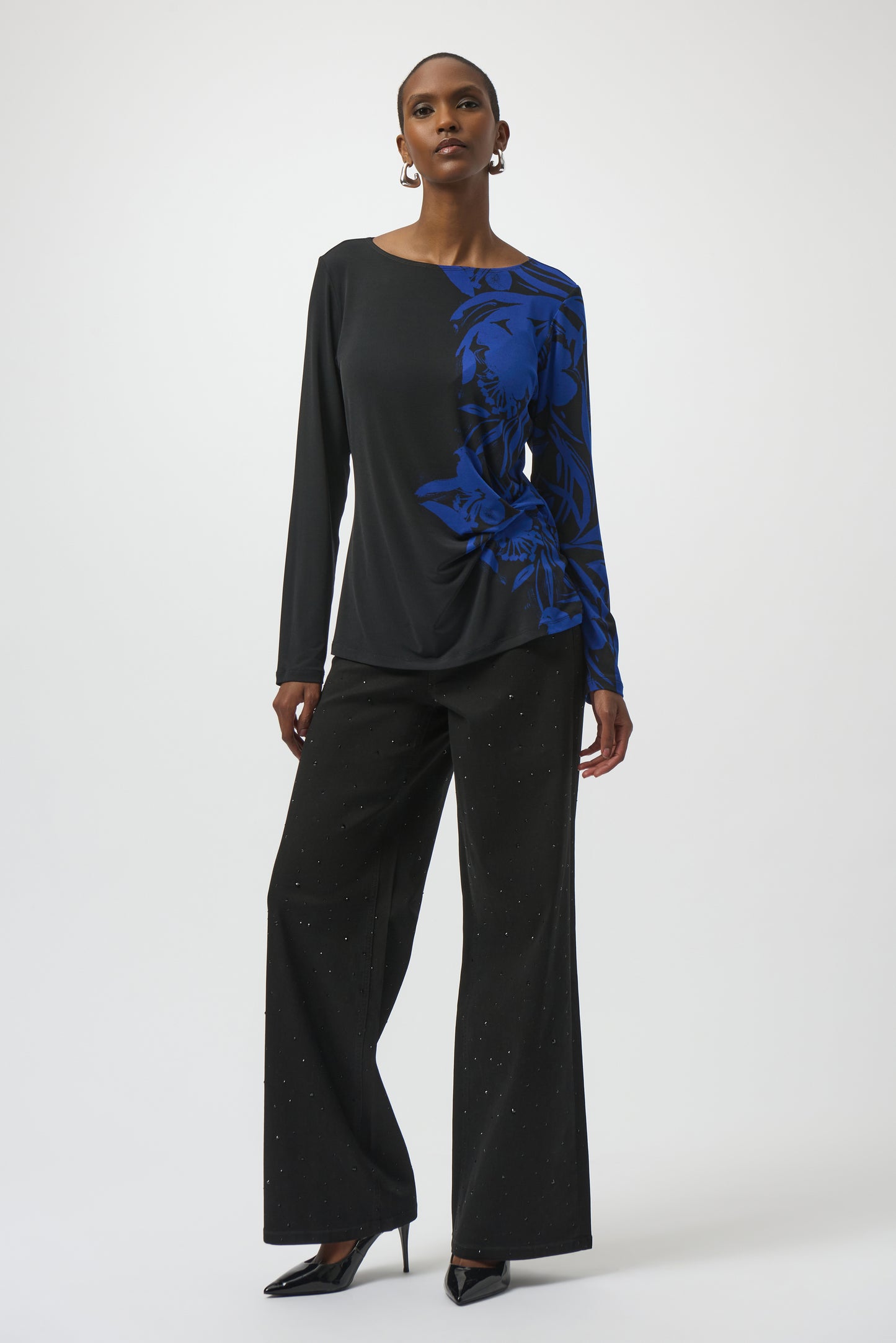 Joseph Ribkoff Silky Knit Floral Print Straight Top Black/Royal 254159-2932