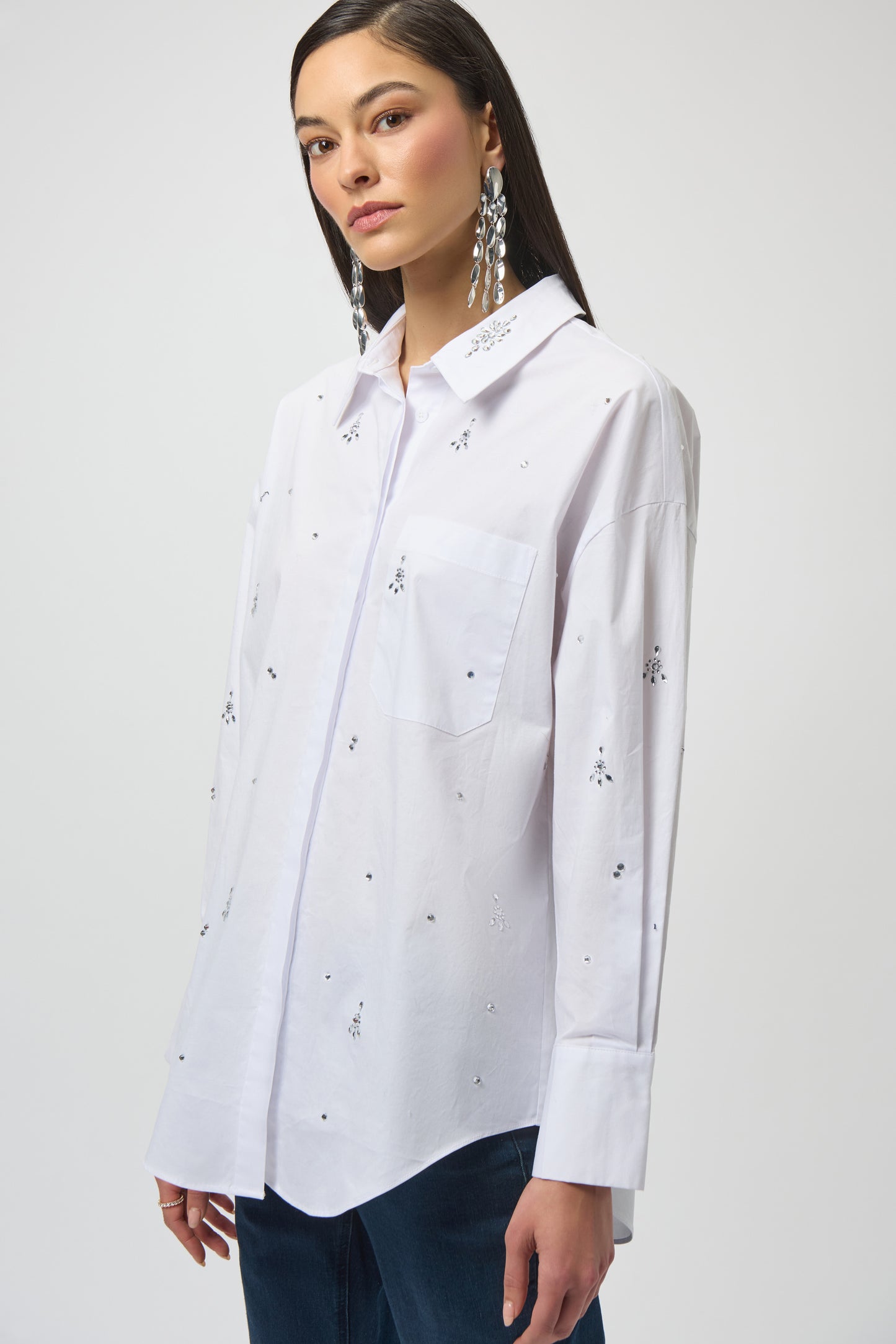 Stretch Poplin Boxy Blouse with Rhinestones White 254924-12