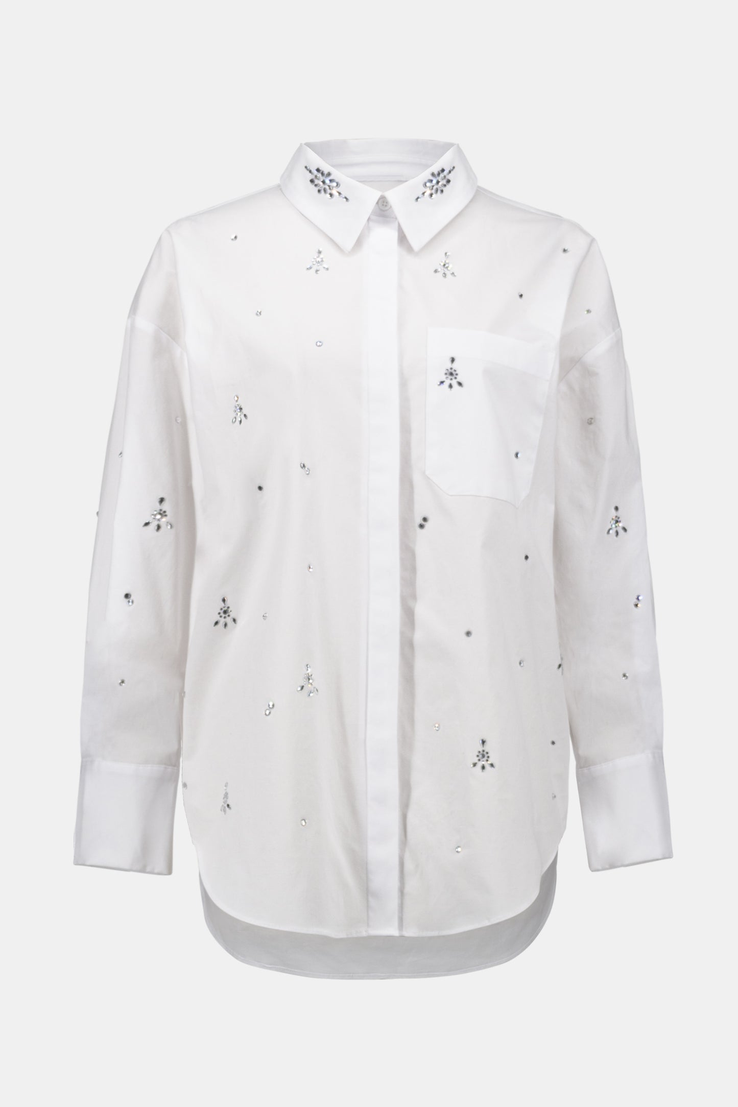Stretch Poplin Boxy Blouse with Rhinestones White 254924-12