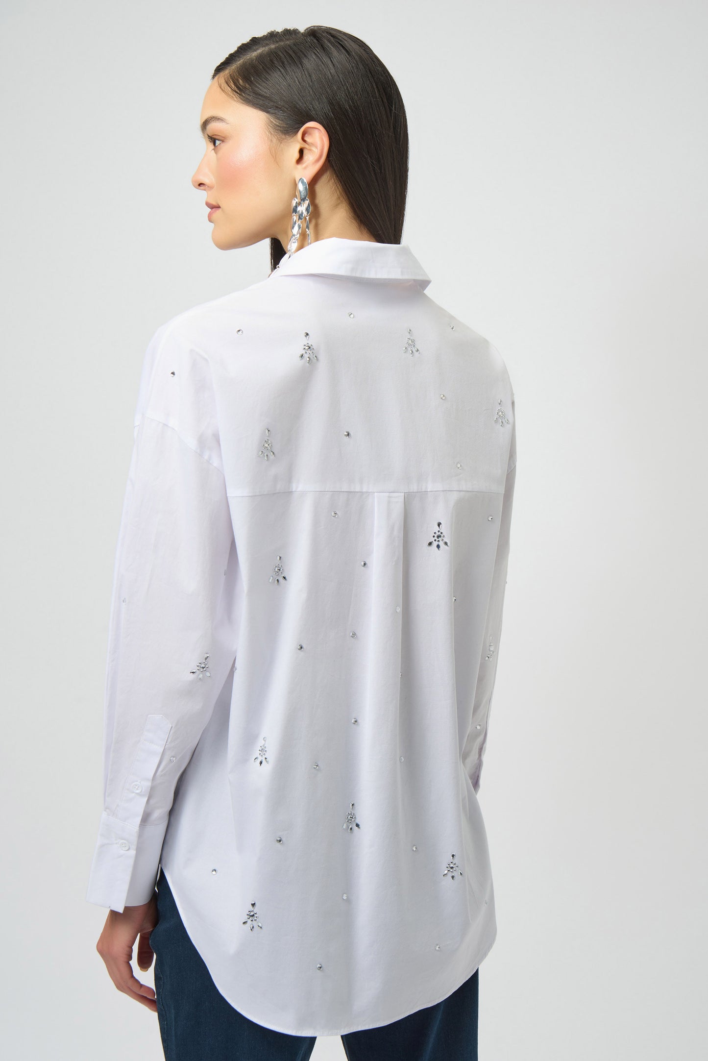Stretch Poplin Boxy Blouse with Rhinestones White 254924-12