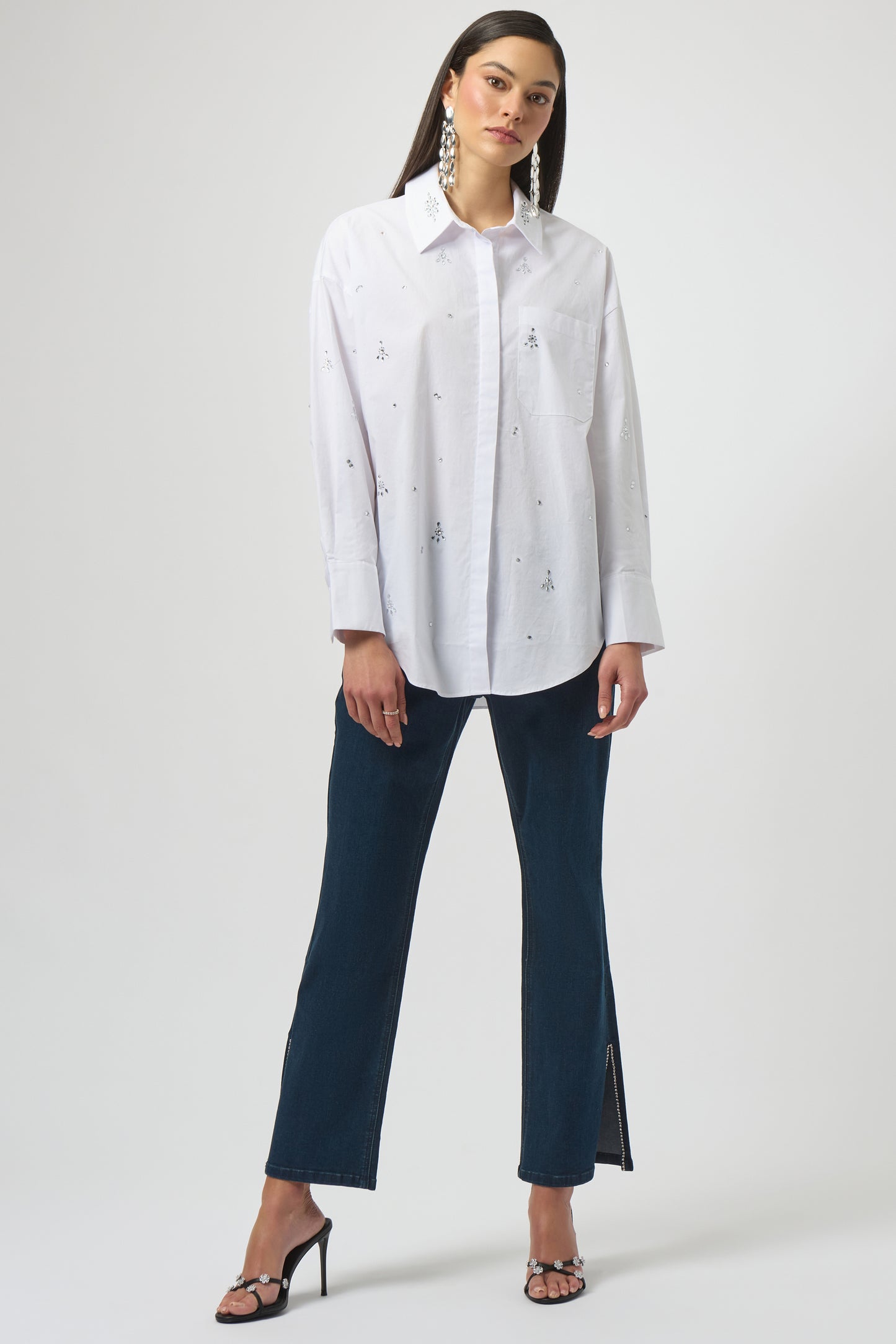 Stretch Poplin Boxy Blouse with Rhinestones White 254924-12