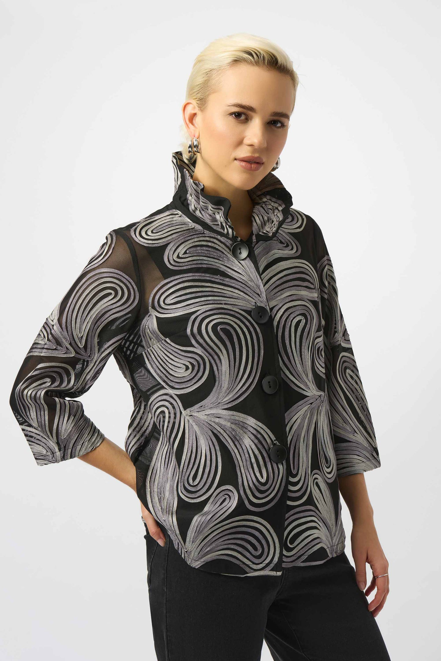 Joseph Ribkoff Embroidered Mesh Straight Jacket Black 253949-178