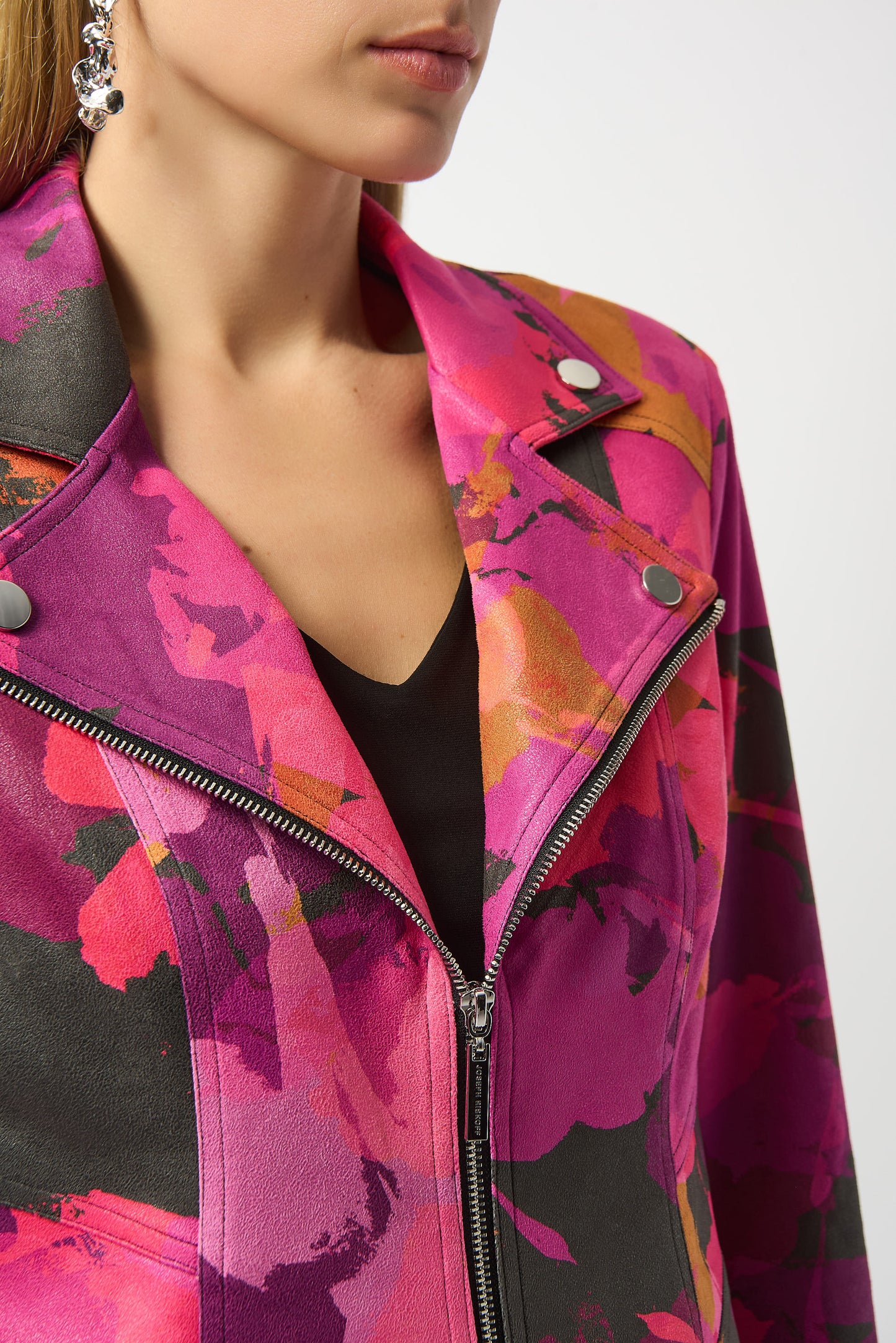 Joseph Ribkoff Foiled Faux Suede Abstract Print Fitted Jacket Pink/Multi 253954-178