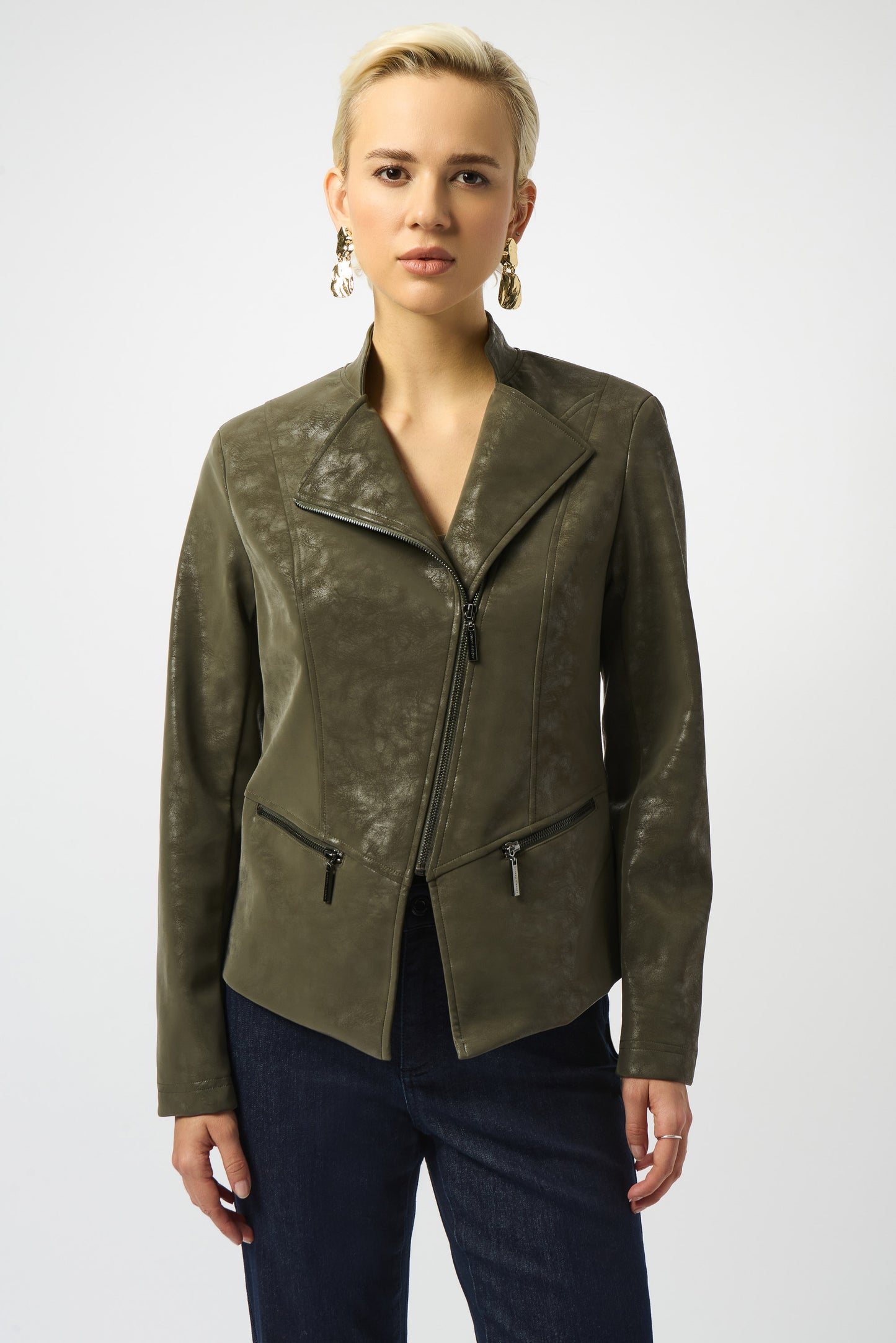 Joseph Ribkoff Foiled Faux Suede Fitted Moto Jacket Avocado Green 253915-3380